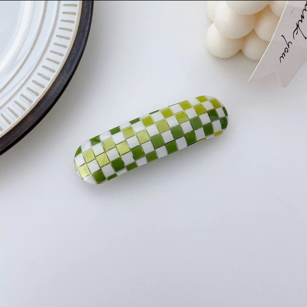 Green/White Checkered Hair Clip, 3 inch
